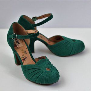 Miss L Fire Amber Retro Heels in Emerald Suede